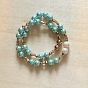 Mint Green Mother of Pearl & Gold Hematite Double Wrap Stretchy Bracelet